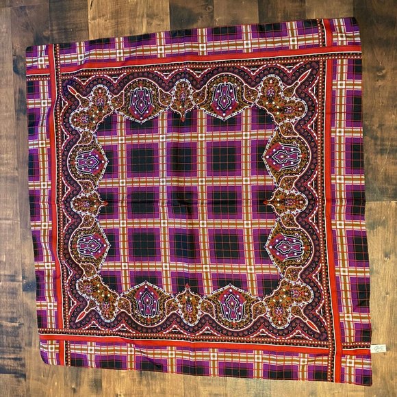 Glentex Accessories - Vintage Glentex Scarf Made In Italy Plaid Paisley Purple Brown Red - 29.5 x 30.5